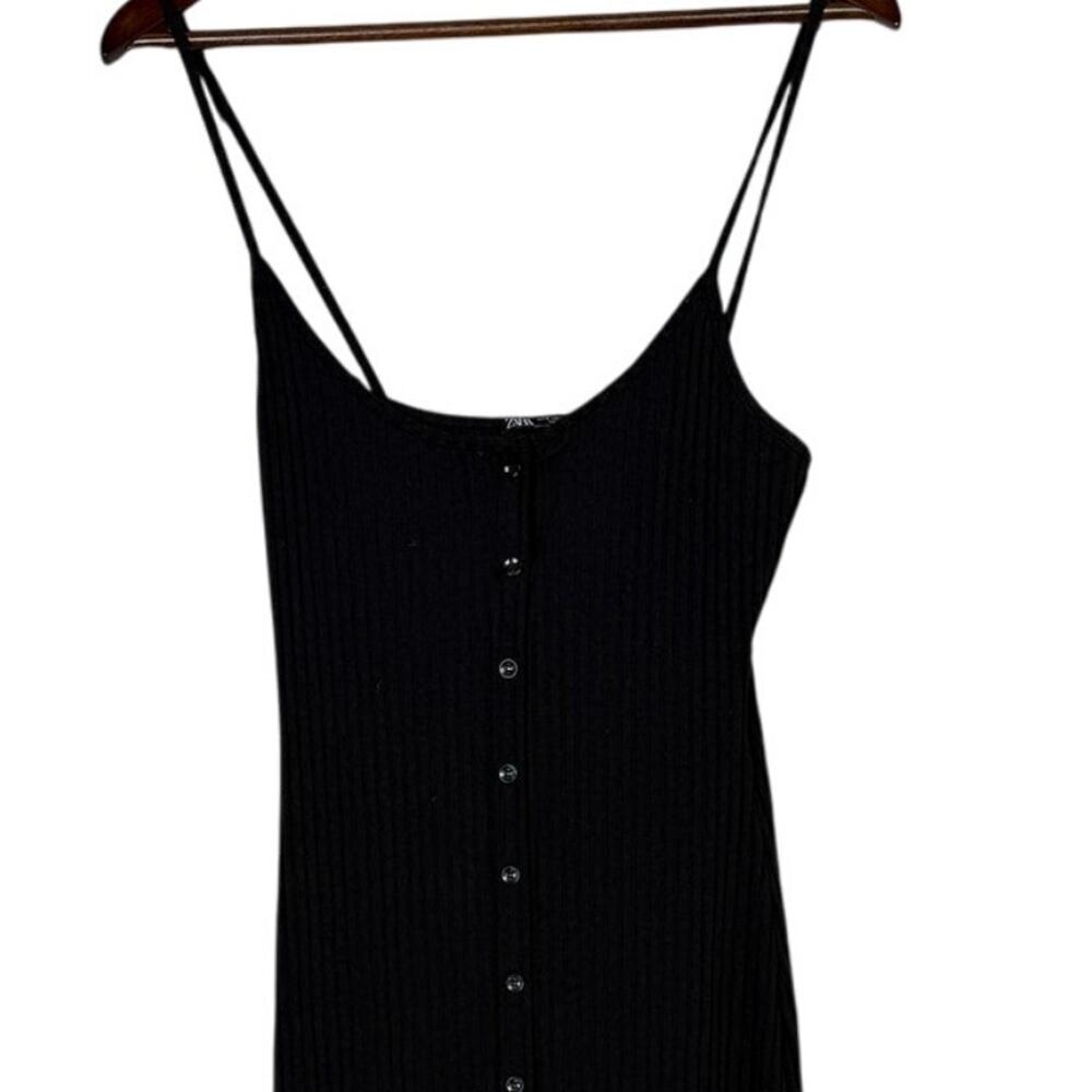 ZARA Ribbed Bodycon Midi Dress Strappy Stretch Slim Round Neck M Black #3472 - Picture 3 of 15